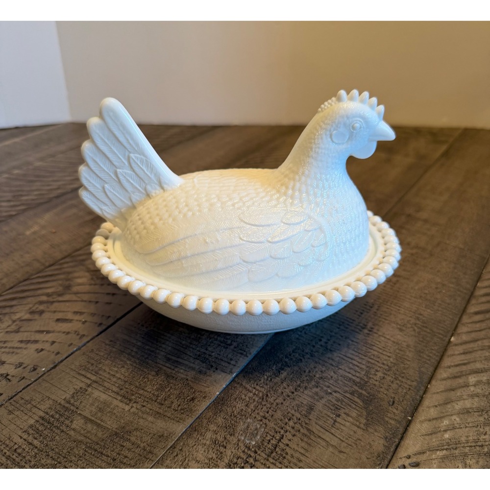 Hen on Nest Covered Dish White Milk Glass Beaded Rim Indiana Glass Covered Dish